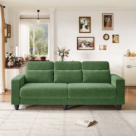 Dreisitzer-Sofa aus grünem Chenille-Gewebe, integriertes Lendenkissen + abnehmbares waschbares Kissenbezug für Kissen, Federkernkomfort, 220x81x88cm