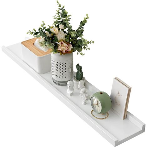 Étagère Murale, 90cm Étagère Flottante en Bois de chêne Massif, Blanc Etagere Bois pour Salon, Cuisine, Chambre, Salle de Bain (1/5)