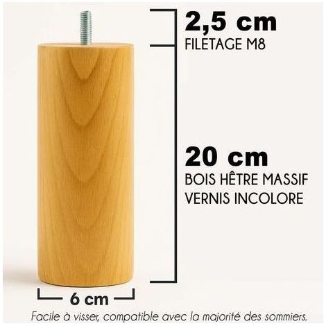 Lot de 4 - Pieds de lit - Sommier - Bois massif hêtre - Filetage M8 - Pour chambre à coucher - Naturel - 20x6 cm (1/5)