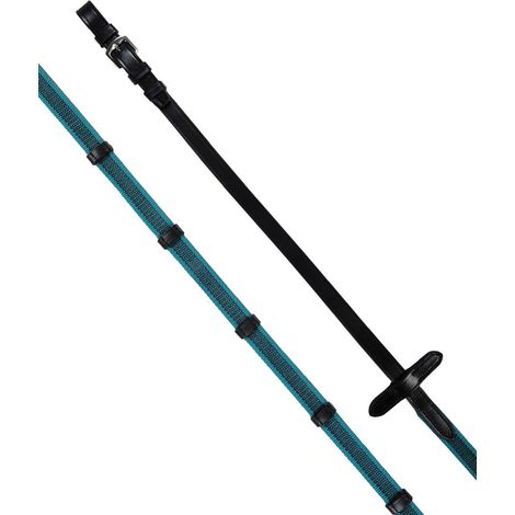 poney, Noir/turquoise 9152: Rênes anglaises en caoutchouc et tissu coloré (1/3)