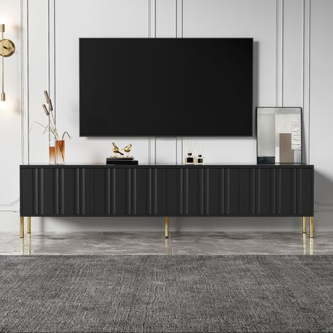 Mobile TV 190x38x48 cm nero in MDF e pannelli di particelle con 4 ante, ripiani interni e gambe dorate (1/5)