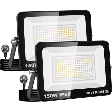 2 Pack 150W Projecteur d'extérieur,Sécurité projecteur 15000lm avec prise 230V,IP66 étanchéité lampe de travail extérieure,4000K éclairage extérieur blanc chaudpour cour patio parking jardin