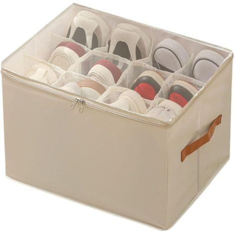 Organisateur De Chaussures En Tissu Avec 12/16 Compartiments Pliable For Baskets Bottes Talons(White,12 Grids) (1/4)