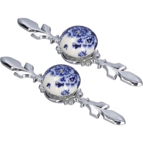 Lot de 2 poignées en céramique bleue et blanche pour portes d'armoire, tiroir et placard, style moderne et rustique, motif pivoine bleu et blanc (grand modèle). (1/5)