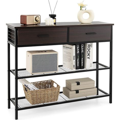 COSTWAY Table Console à 2 niveaux, 2 Tiroirs - 100 x 30 x 81,5 CM,Style Industriel. Cadre en Métal, Meuble d' Entrée Marron Rustique (1/5)