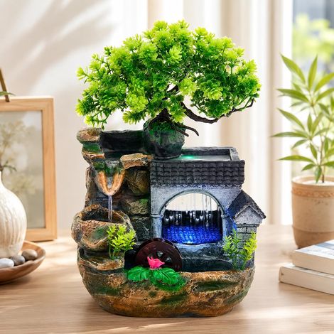 Fontaine d'intérieur de Table avec LED et Plantes, Effet Cascade Avec roue Feng Shui, effet cascade, fontaine d'intérieur silencieuse, décoration de bureau pour salon, bureau ou chambre (1/5)