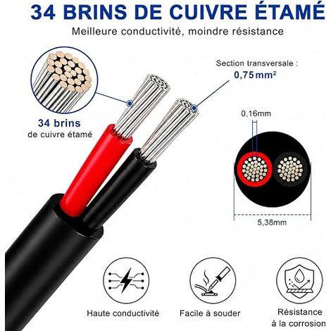 Câble Électrique 18 AWG 2 Conducteurs 10 m 2x0,75 mm², Fil Électrique Rouge et Noir Cuivre Étamé Souple, Câble Basse Tension Ruban LED, Éclairage LED, Automobile (1/4)