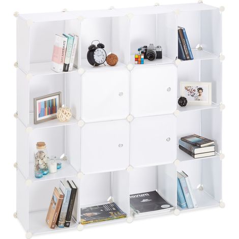 Relaxdays Scaffale Componibilie in Plastica, 16 Scomparti, con Ante Sistema a Incastro, 127 x 127 x 31,5 cm, Bianco