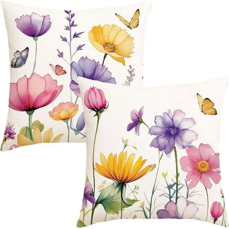 2 housses de coussin 45x45 cm, motif aquarelle printanier papillon, violet floral, décoration intérieure salon chambre (1/5)