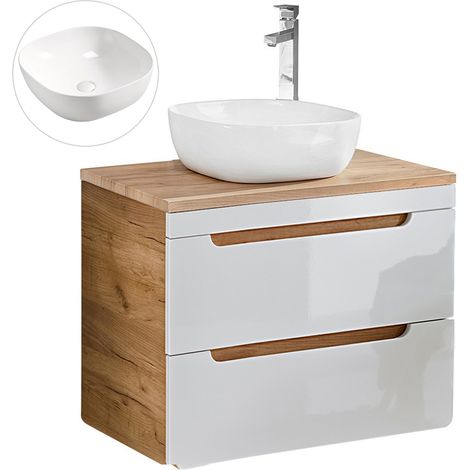 Waschtischunterschrank 80 cm mit 42 cm Keramik-Waschbecken LUTON-56 in Hochglanz weiß mit Wotan Eiche Nb., B/H/T ca. 81/76,5/46 cm