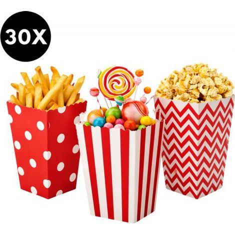 ® Boîtes à popcorn - 15 pièces - Boîtes pour bonbons, popcorn, snacks - 3 motifs différents - Carton - Boîtes en papier - 12 x 7,2 cm - Rouge/Blanc (1/5)
