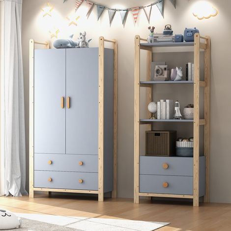 Armadio guardaroba con scaffale in legno massello e MDF blu/naturale, 2 cassetti + 3 vani aperti, 180,5 cm (1/5)
