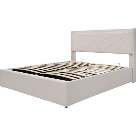 Stauraumbett Doppelbett mit USB, Typ-C und Gepolstertem Kopfteil 140×200 cm, ohne Matratze, Beige (1/5)