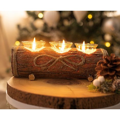 Rustic Log Tea Light Candle Holder with 3 Stylish Glass Candle Holder, Strong and Robust Wood Effect Table Centrepiece Ornament (1/5)