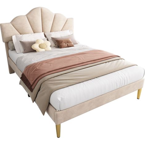 Polsterbett 140x190 cm mit Lattenrost und höhenverstellbarem Kopfteil, Doppelbett im Muschel-Design, Samtbett Beige mit goldenen Füßen (1/5)