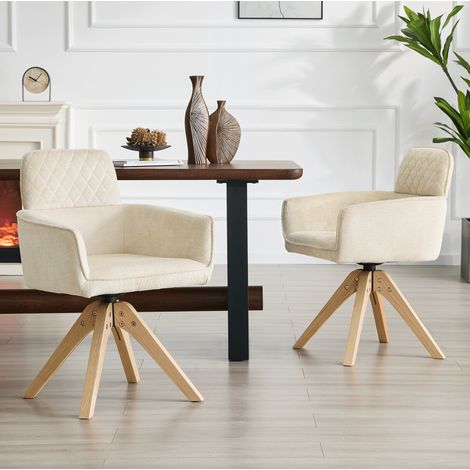 Juego de 2 sillas de comedor giratorias 360° en tejido crema, patas de madera, REDOM (1/5)