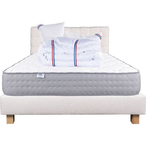 Ensemble Matelas 160x200 cm, Zen, 20 cm, ferme, face été/hiver + sommier beige ep20cm + 2 oreillers + couette + Tête de Lit