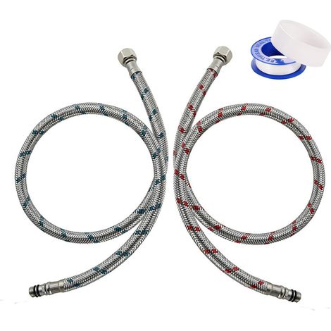 2 Pièces Tuyaux de Raccordement Flexibles Robinets G3/8 x M10 80cm, Flexibles Robinets Tressé en Acier Inoxydable avec Ruban D'étanchéité Tuyau de Raccordement pour Cuisine Douchette Evier (1/5)