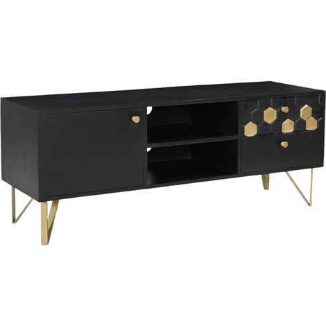 Meuble TV avec 1 porte, 2 tiroirs et 2 niches en bois de manguier et métal - Noir et Doré - BELORI (1/5)