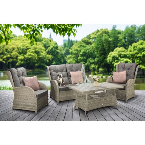 Signature Weave Meghan Wicker 4 Seater Sofa Arm Chair Set & Supper Table Grey (1/4)