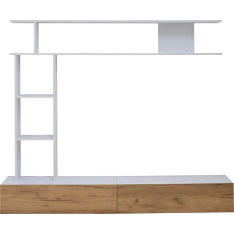 Ensemble meuble TV blanc et bois 180 x 35 x 22,5 cm avec rangement mural et étagères (1/5)