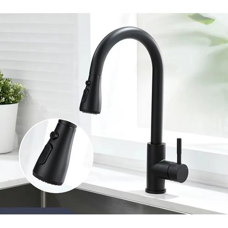 (3 vitesses noir) Robinet d'évier de cuisine en acier inoxydable avec douchette extractible, mitigeur à montage sur plage, robinets eau chaude/eau froide (1/5)