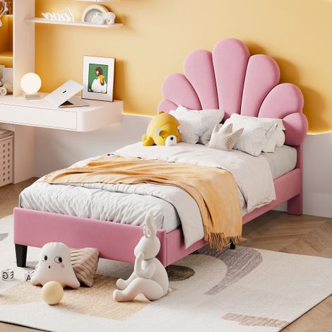 Letto imbottito per bambini 90 x 200 cm, struttura letto con testiera a forma di fiore e rete a doghe, letto per ragazze adolescenti in tessuto di velluto delicato sulla pelle, letto per ospiti (color (1/5)