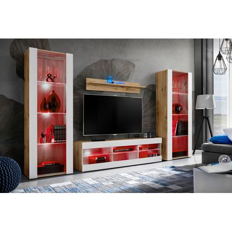 Komodee Ensemble de Meubles Tivoli Grande, Wotan/Blanc, Largeur 250cm x Hauteur 159cm x Profondeur 35cm, LED RGB, 3 étagères, pour Salon, Chambre, Entrée
