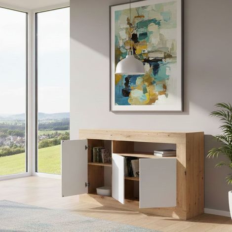 Dmora Aparador Thornton, Aparador moderno con 3 puertas, Mueble TV salón buffet, cm 144x42h87, Roble anudado y Blanco, con embalaje reforzado (1/5)