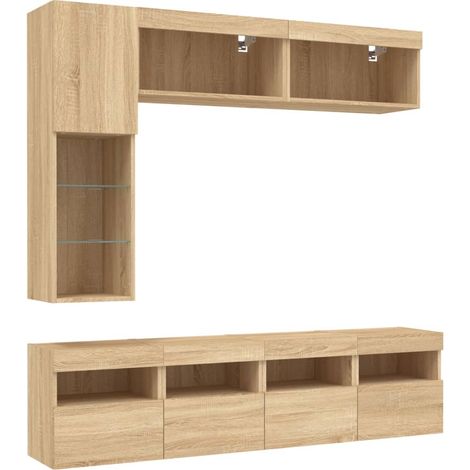 Conjunto de muebles mueble aparador TV televisión salón dormitorio salón pared x 7 piezas y luces LED roble sonoma marrón 020025374