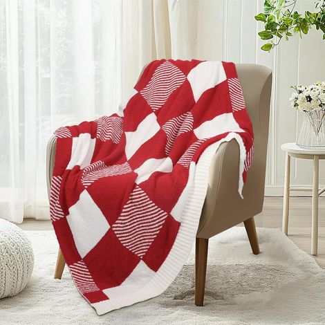 Plaid de Noël en tricot à carreaux rouges 127 x 152 cm - Couverture ultra douce et moelleuse, décoration festive pour canapé, fauteuil et chaise, cadeau de Noël idéal (1/5)
