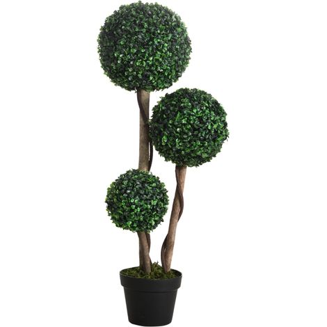 Decorative Artificial Tree Boxwood Ball Topiary Tree in Pot Fake Plant for Home Indoor Outdoor Decor, 90 cm, Dark Green