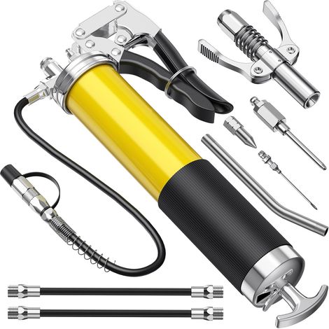 Pompe Graisse jaune pour graisseur,8000PSI poignée Pompe Graisse Une Main,Tige Lourde avec Embout Pompe à Graisse,Tuyau Flexible et Tube métallique, Pompe à Graisse pour Cartouches de 400g (1/5)
