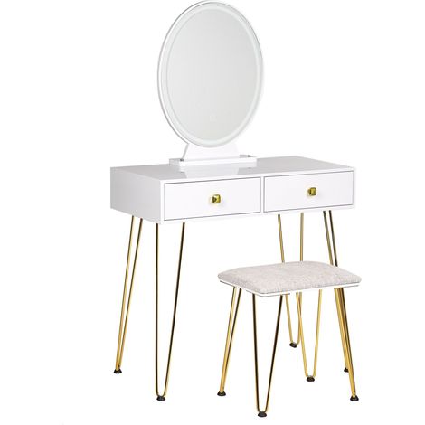 Toeletta con 2 cassetti specchio LED bianco e oro e sgabello Caen