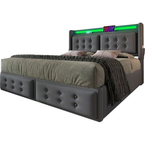 Lit coffre 160x200 avec tête de lit LED, prise 2 EU, USB et USB-C, rangement hydraulique, sommier à lattes, tissu coton-lin gris, CHICFURN (1/5)