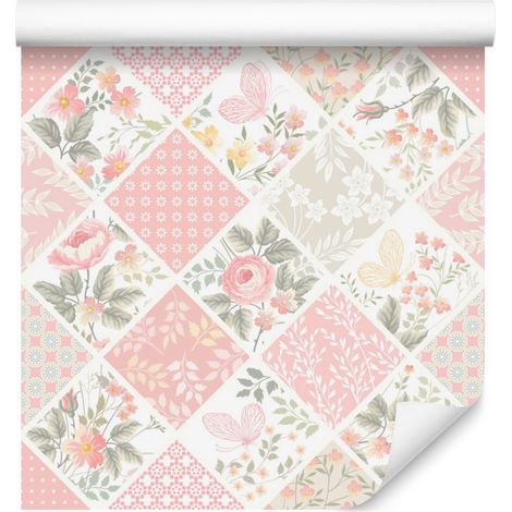 Papel pintado mosaico en forma de patchwork con mariposas y flores 50x1000 cm (1/5)