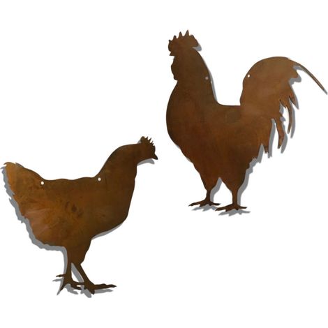 Lot de 2 Décorations Suspendues Poule et Coq en Métal Patiné Rouille pour Jardin et Fenêtre - PANGIVO (1/5)