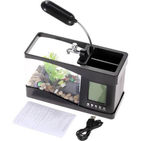 Multifunktionales USB-Mini-Aquarium mit LED-Lampe, LCD-Bildschirm, Uhr und Aufbewahrungsbox. (1/5)