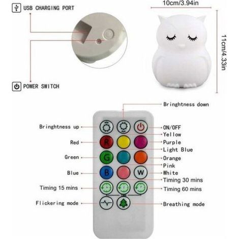 Veilleuse Hibou - Veilleuse Pour Nourrisson En Silicone Souple - LED Rechargeable 9 Couleurs - Minuterie 15/30/60 Min - Télécommande Et Commande Tactile - 1 Pièce (1/5)
