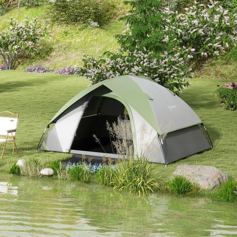 Tente camping 2 places fenêtre en treillis polyester fibre verre EP - Dimensions: 210x150x110 cm - Couleur: Gris, Vert