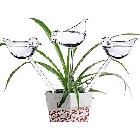 Lot de 3 globes d\'arrosage en verre avec pointes d\'auto-arrosage en forme d\'oiseau pour plantes, intérieur et extérieur (1/5)