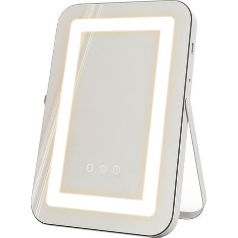 Specchio Trucco con Luci Regolabili a 3 Colori, Presa USB e Specchietto Ingranditore 10x, 31x41.5x3cm, Bianco