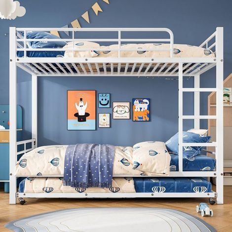 Lit Superposé - 90x200cm - avec Lit Gigogne - lit Superposé Enfant - Métal Blanc 3 Couchages Sécurité EN747 (1/5)