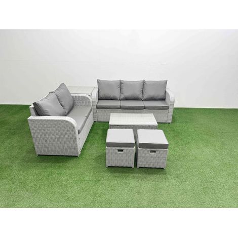Fimous 7 Seater PE Rattan Wicker Garden Furniture Patio Conservatory Sofa Set with Rectangular Coffee Table 3 Seater Sofa Love Sofa 2 Stools Side Table (1/4)
