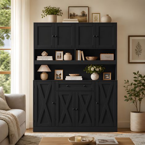 Credenza da cucina con piano di lavoro e presa, 140 x 40 x 185 cm, MDF nero REDOM (1/5)
