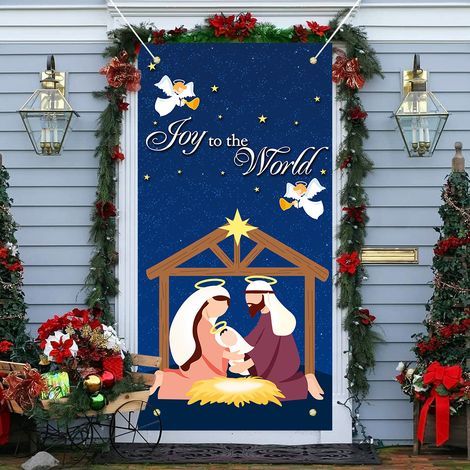 Bannière de porte de noël, décorations extérieures, drapeaux extérieurs, bannière de porte de joyeux noël et de la nativité, tissu suspendu de décoration (1/4)
