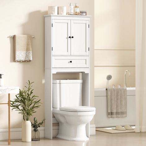 Meuble WC Dessus Toilette, 2 Portes, Tiroir, Étagère Réglable, Blanc, Rangement (1/5)