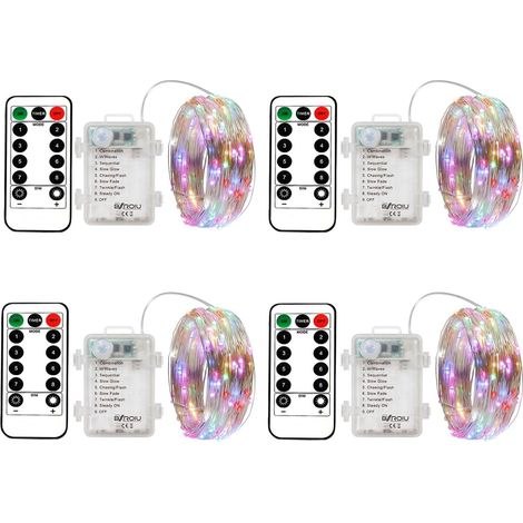 50Leds Guirlande Lumineuse a Pile,5 mètre Micro Argent Câble 3AA Opération batterie étanche avec télécommande 8 Programme (Multicolore, Pack de 4 (3×AAA, non incluses)) (1/5)