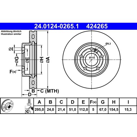 Lot de 2 Disques de frein ATE 24.0124-0265.1 MERCEDES-BENZ 247 421 03 12