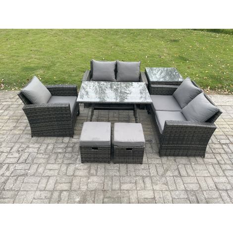 Fimous Wicker PE Rattan Garden Dining Set Outdoor Furniture Sofa with Rectangular Dining Table Love Seat Sofa Side Table 2 Small Footstools Dark Grey Mixed (1/5)